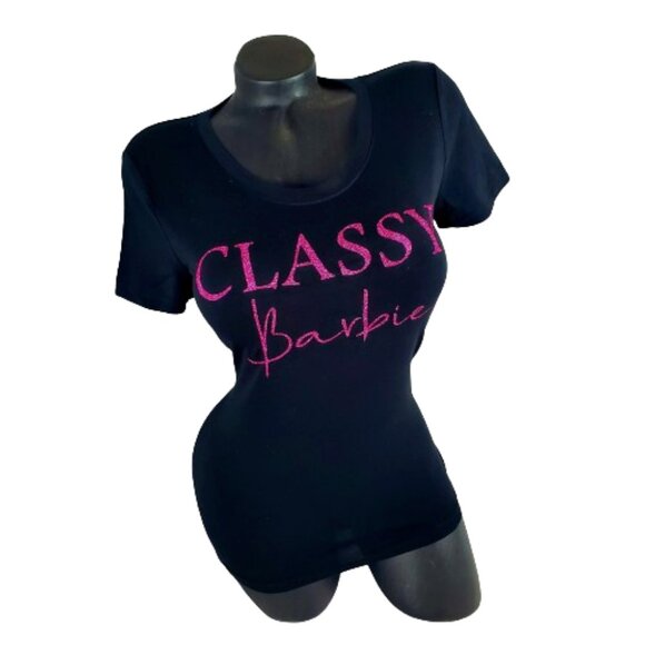 Classy Barbie on a Black Fitted Spandex Tee with Shiny Glitter Lettering! - Picture 4 of 5